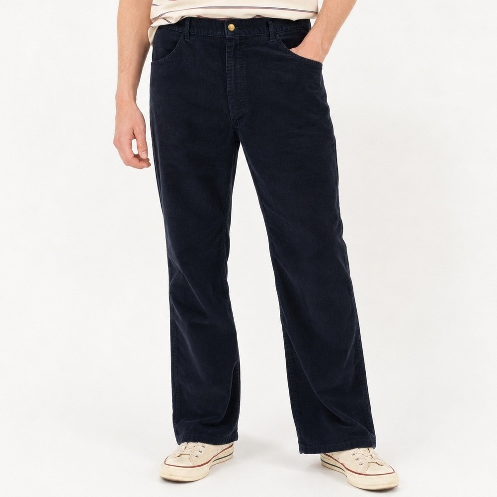 70s Vintage Lee Corduroy Pants Mens 42x32 Dark Blue Bootcut Flare Made in USA